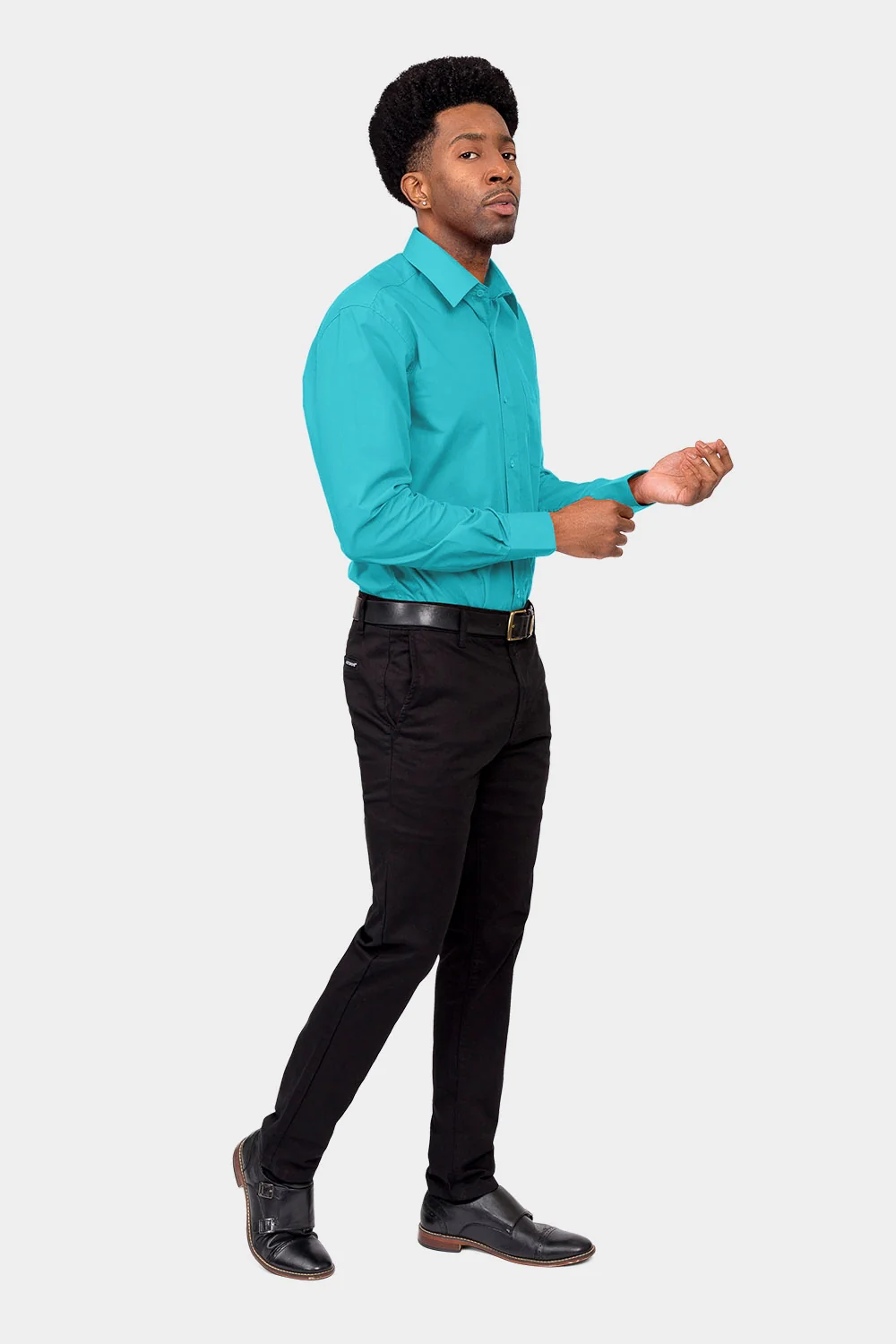 Men's Basic Solid Color Button Up Dress Shirt (Turquoise) - Image 6