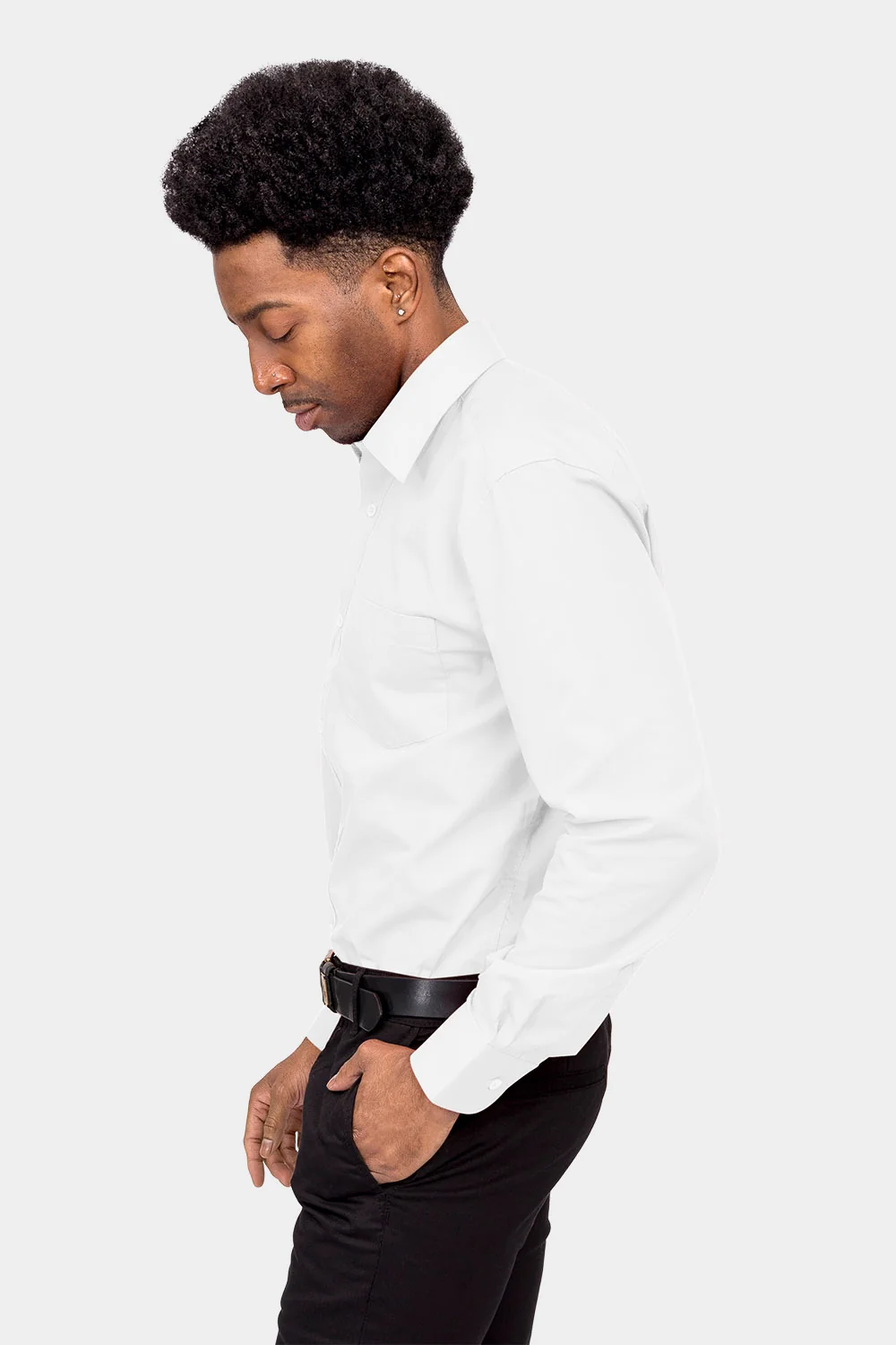 Men's Basic Solid Color Button Up Dress Shirt (White) - Image 3