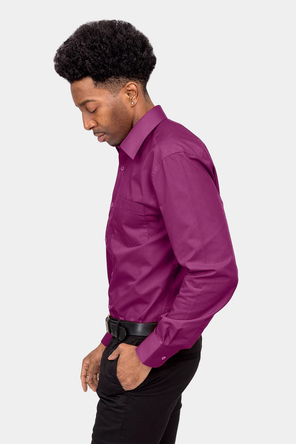 Men's Basic Solid Color Button Up Dress Shirt (Wine) - Image 3