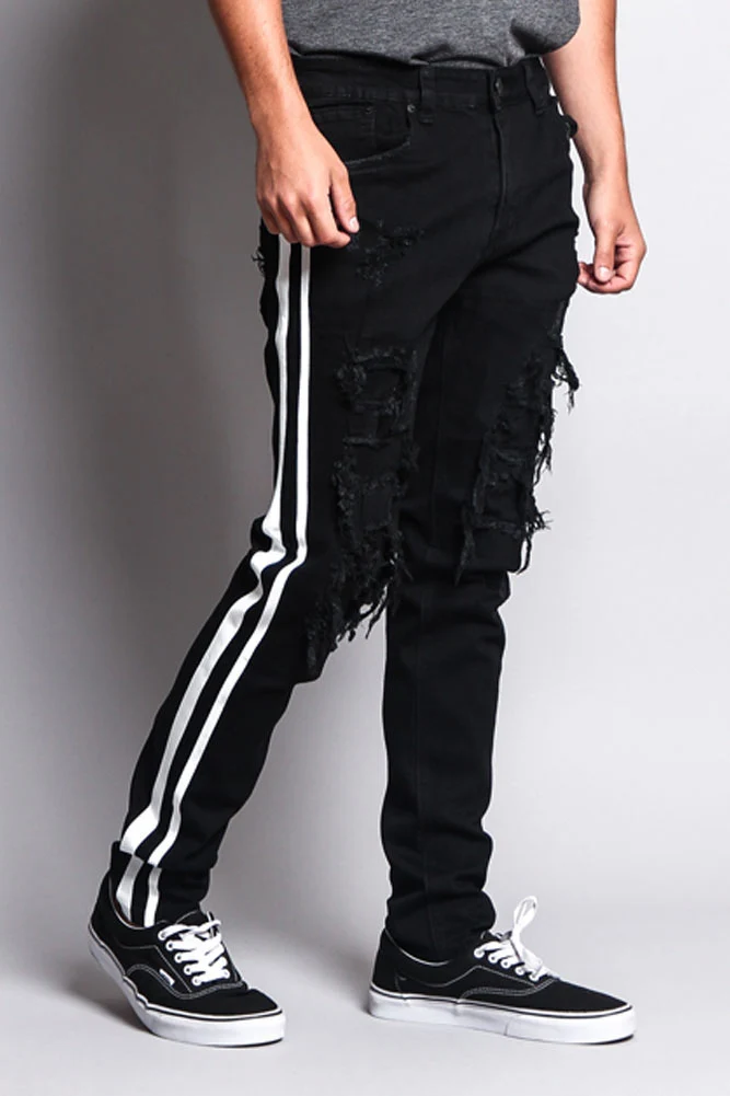 Men's Distressed Double Striped Skinny Jeans - Image 11