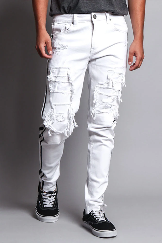 Men's Distressed Double Striped Skinny Jeans - Image 27