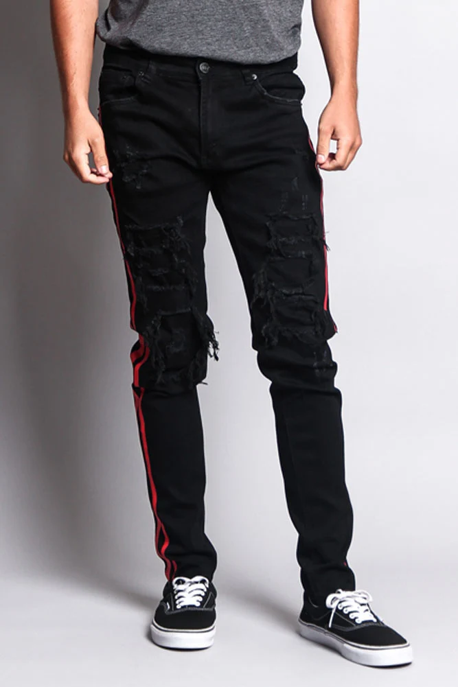 Men's Distressed Double Striped Skinny Jeans - Image 3
