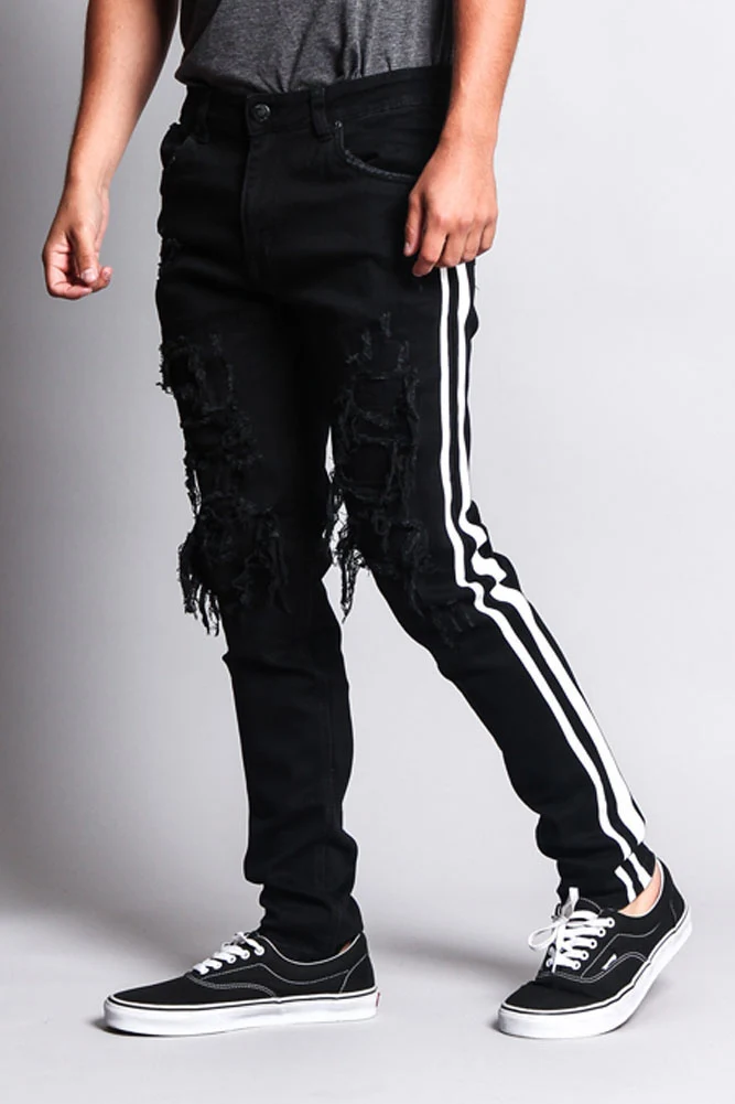 Men's Distressed Double Striped Skinny Jeans - Image 9
