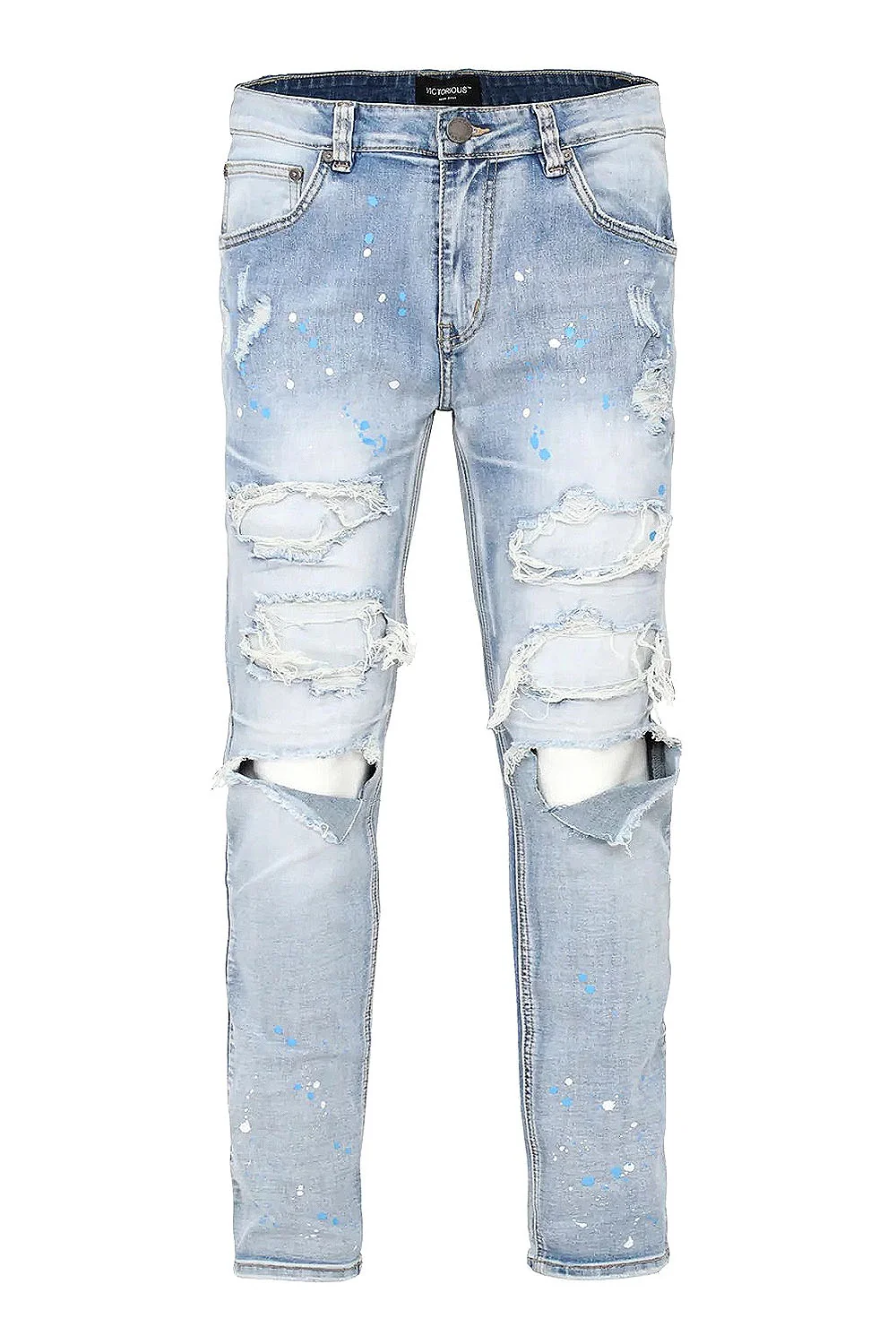 Men's Paint Splatter Knee Blowout Distressed Denim Jeans - Image 2