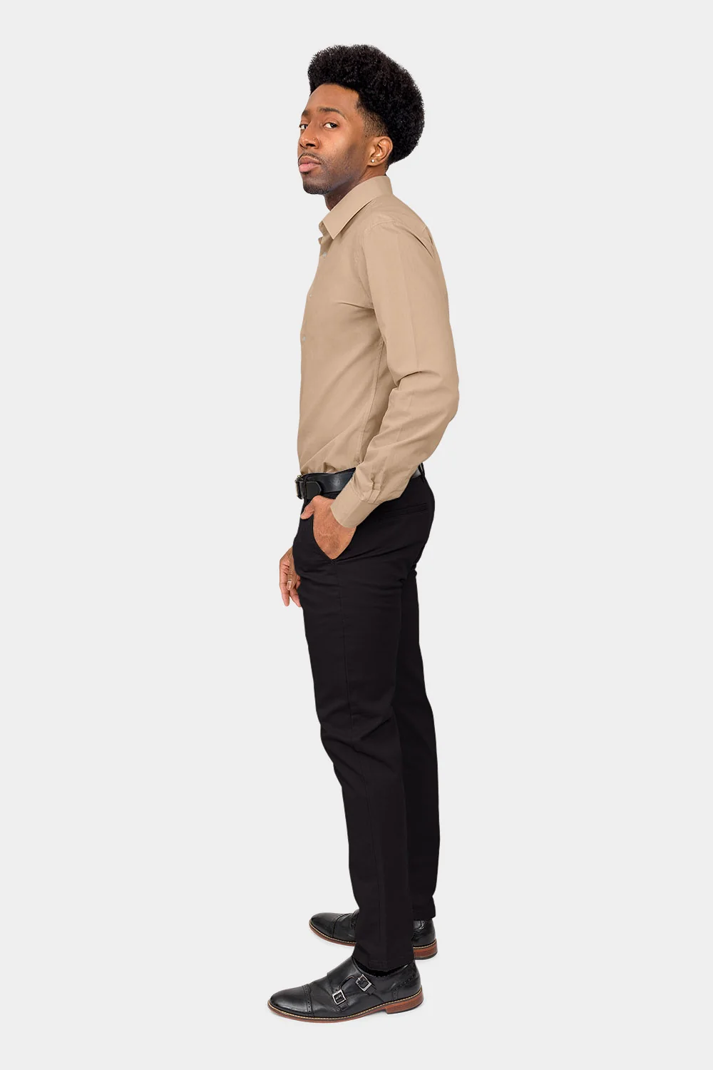 Men's Slim Fit Solid Color Dress Shirt (Beige) - Image 6