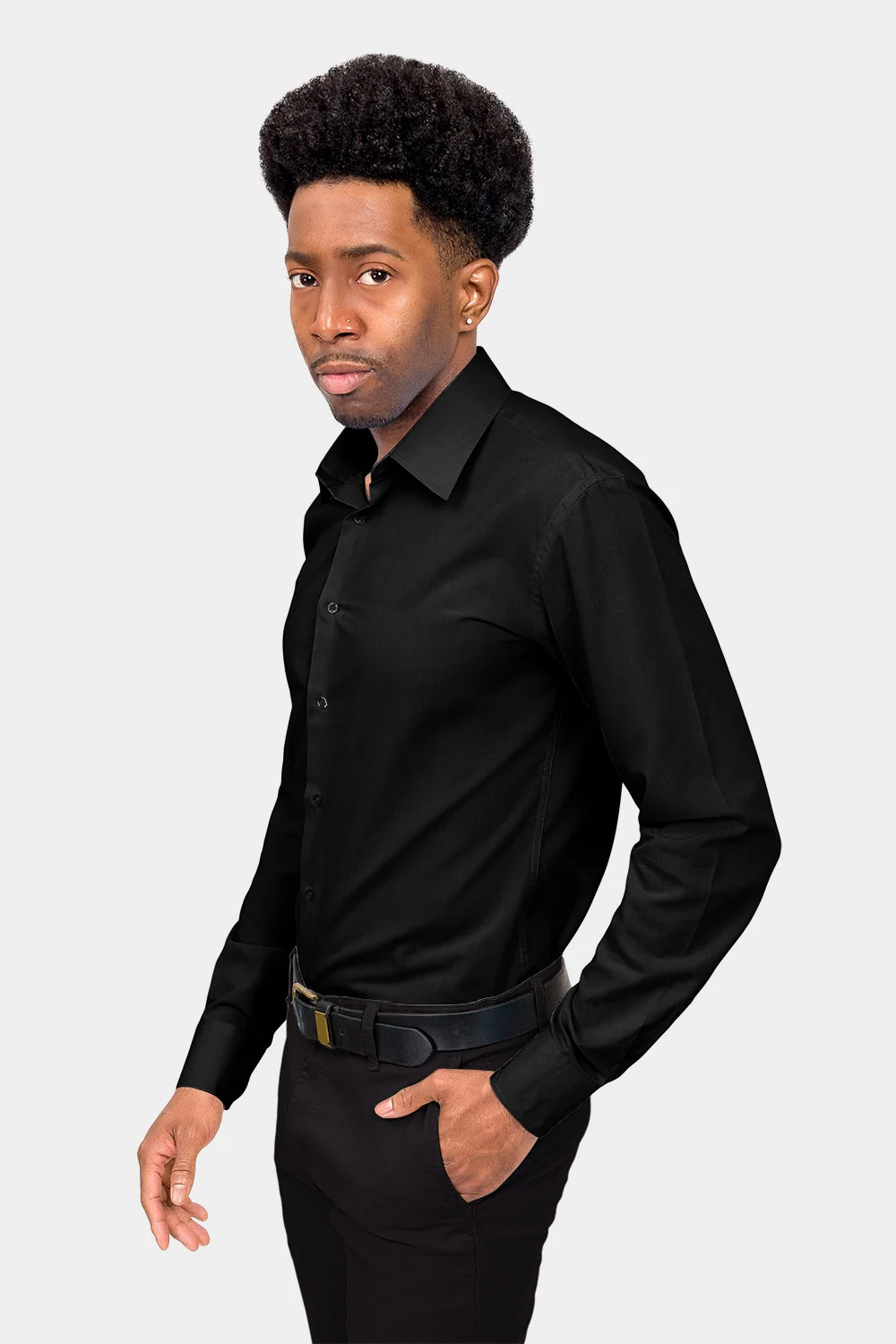 Men's Slim Fit Solid Color Dress Shirt (Black) - Image 3