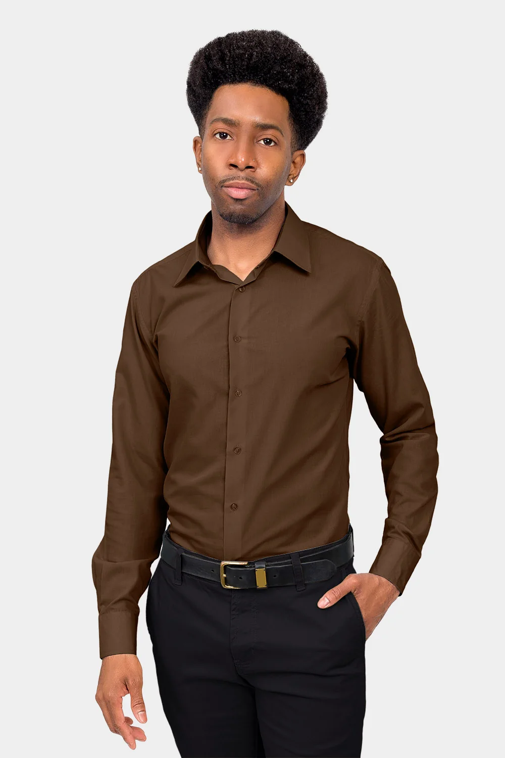 Men's Slim Fit Solid Color Dress Shirt (Brown) - Image 2