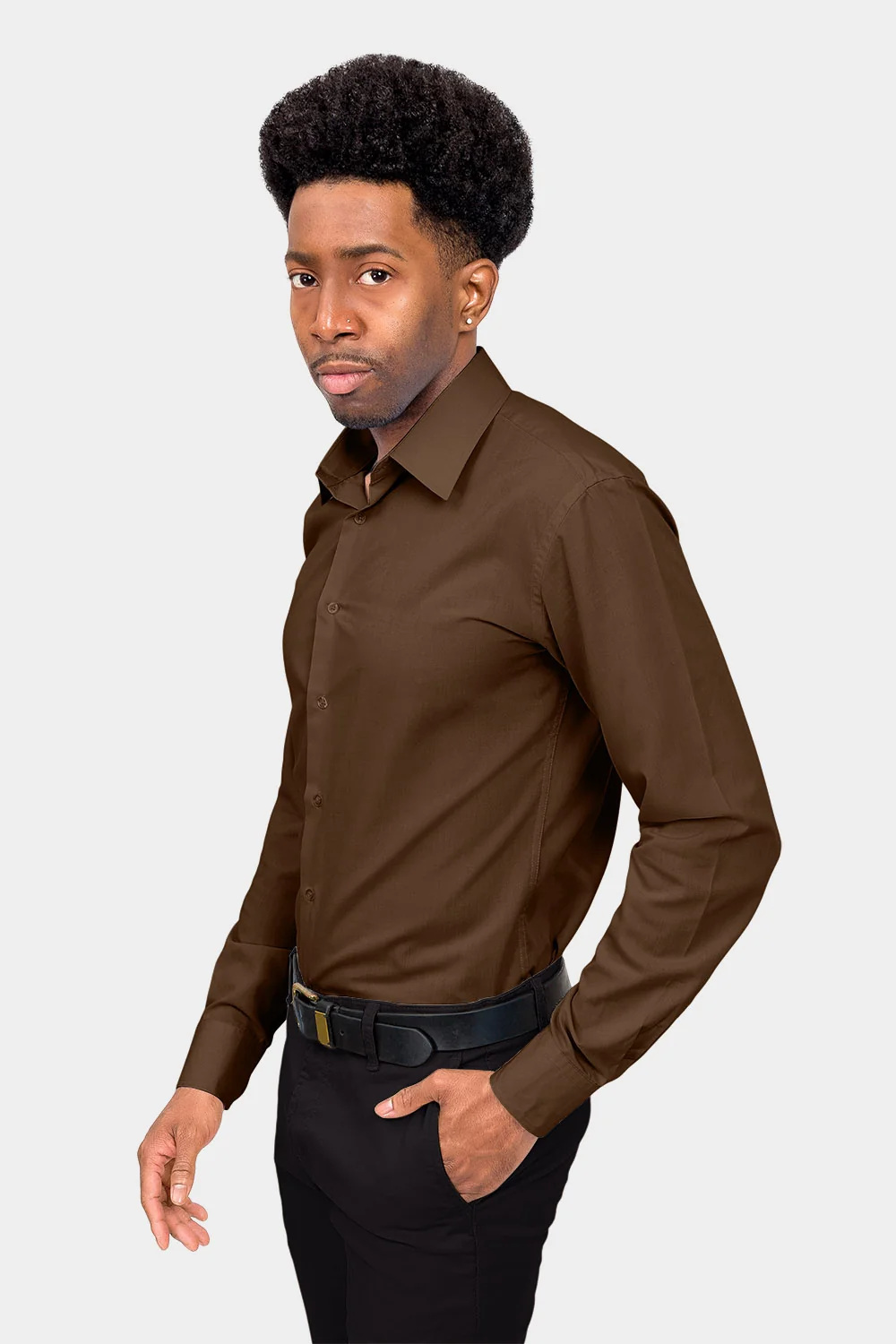 Men's Slim Fit Solid Color Dress Shirt (Brown) - Image 3