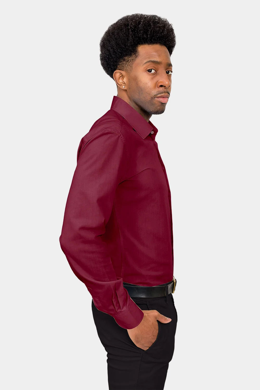 Men's Slim Fit Solid Color Dress Shirt (Burgundy) - Image 5