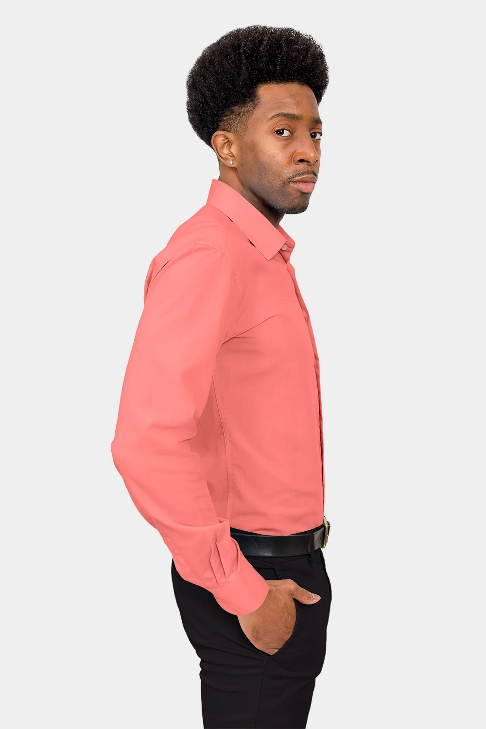Men's Slim Fit Solid Color Dress Shirt (Coral) - Image 5