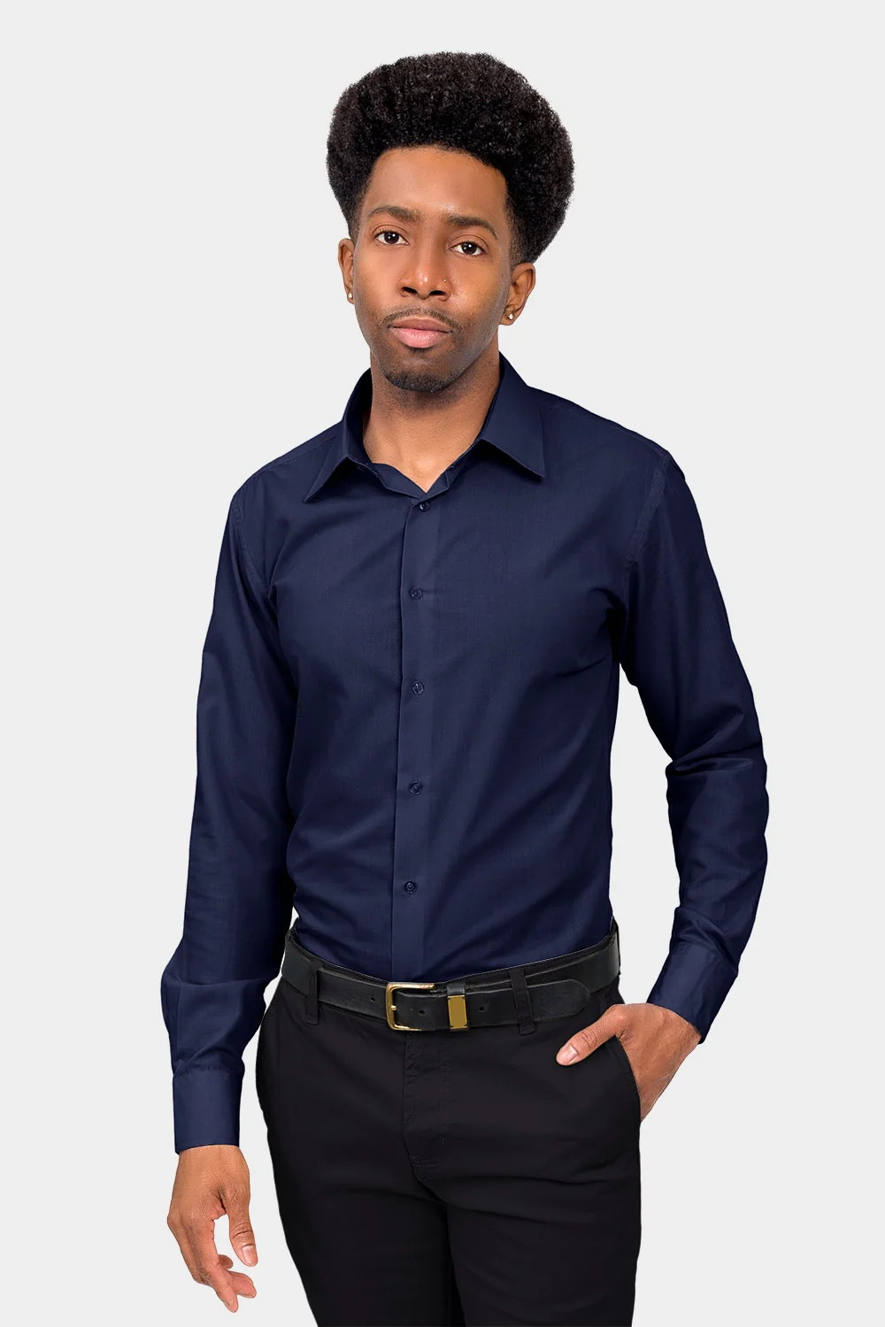 Men's Slim Fit Solid Color Dress Shirt (Navy) - Image 2