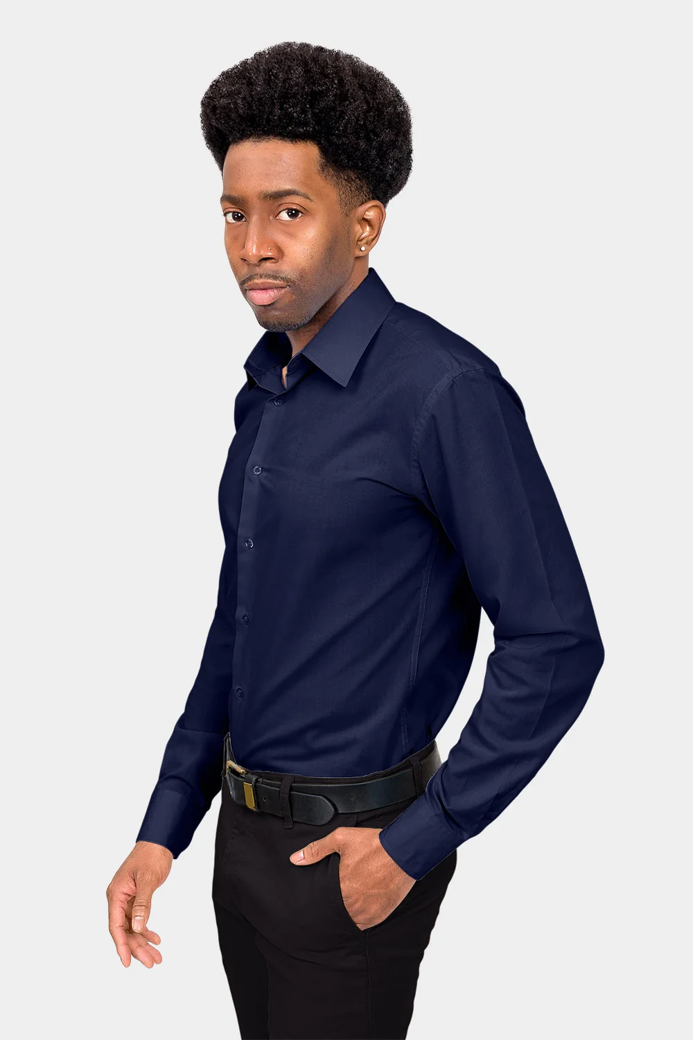 Men's Slim Fit Solid Color Dress Shirt (Navy) - Image 3