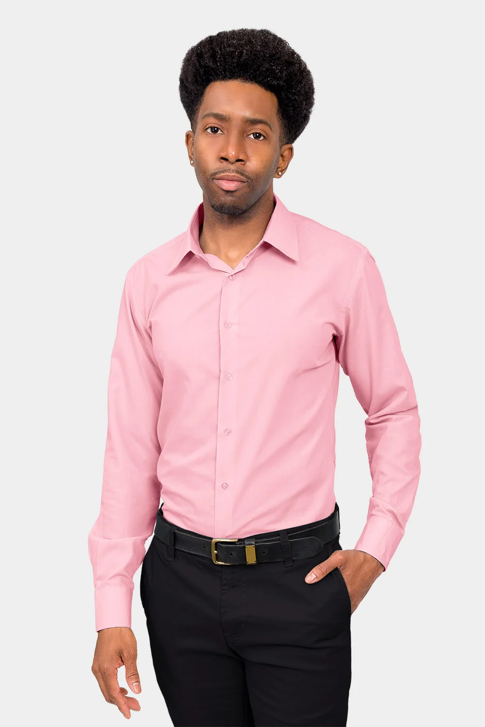 Men's Slim Fit Solid Color Dress Shirt (Pink) - Image 2