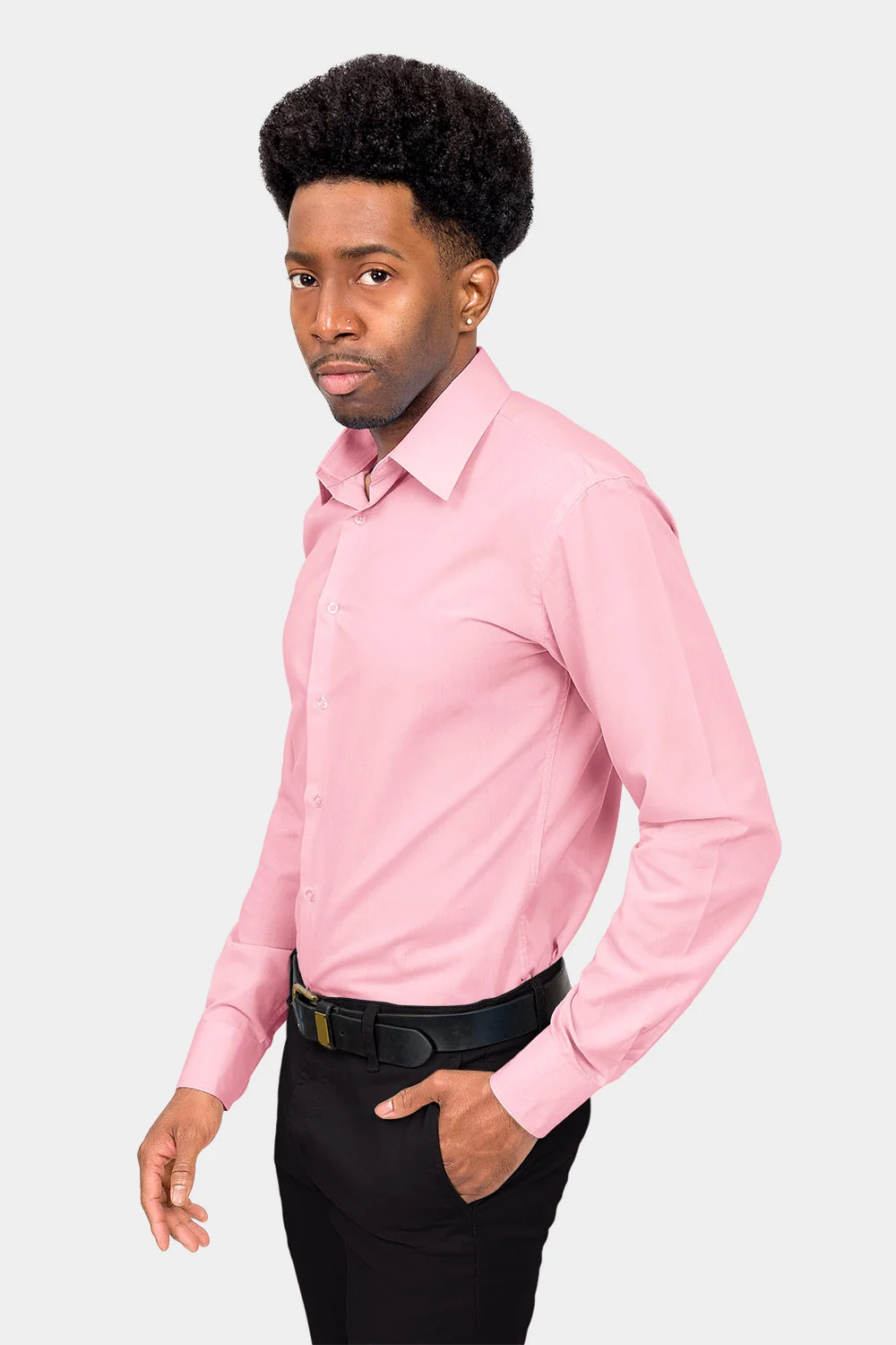 Men's Slim Fit Solid Color Dress Shirt (Pink) - Image 3