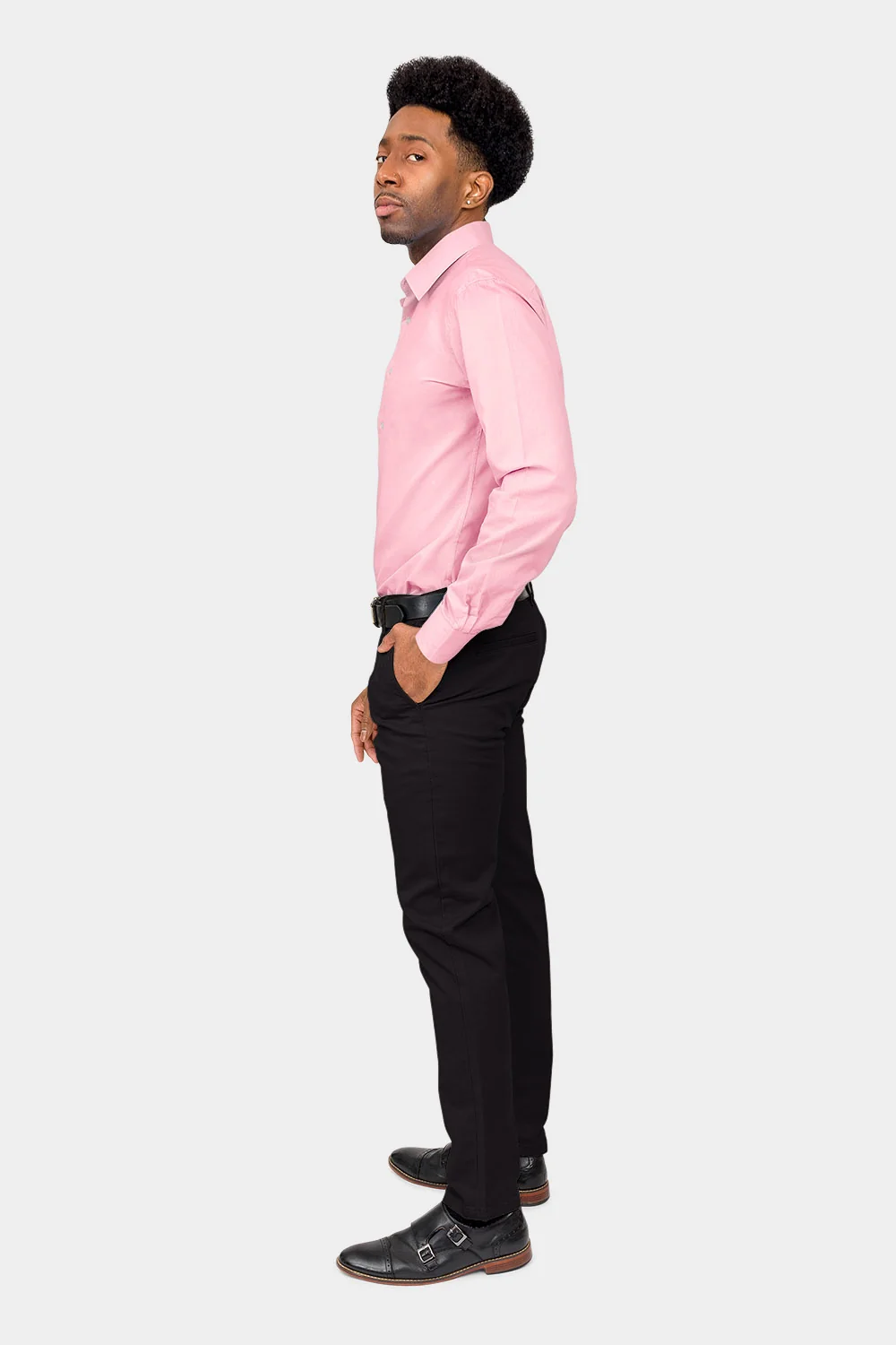 Men's Slim Fit Solid Color Dress Shirt (Pink) - Image 6