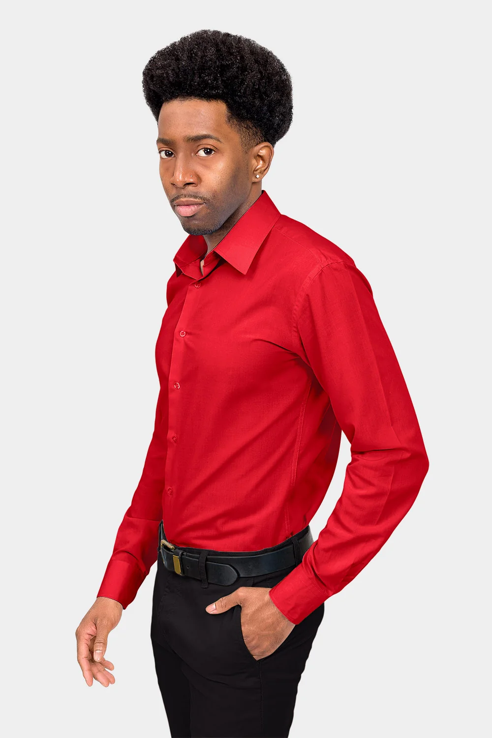 Men's Slim Fit Solid Color Dress Shirt (Red) - Image 3