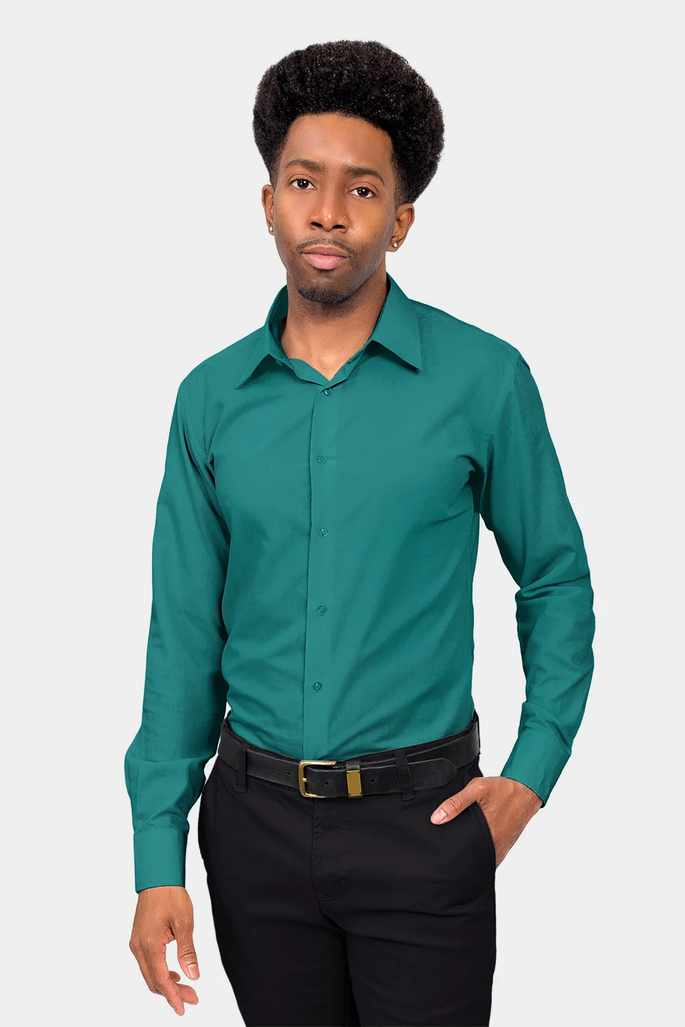 Men's Slim Fit Solid Color Dress Shirt (Teal) - Image 2