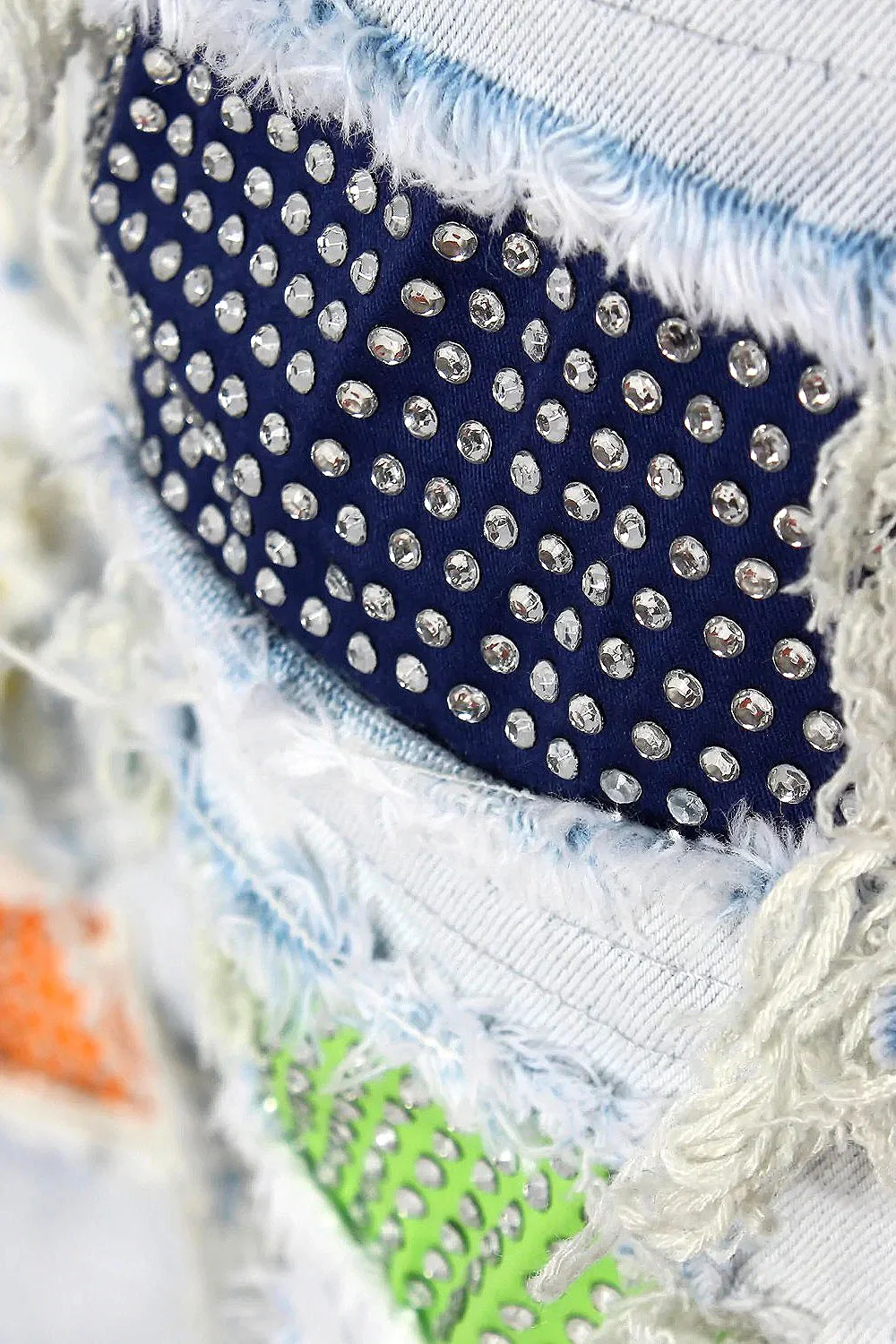 Multi Color Crystal Embellished Denim Shorts - Image 2