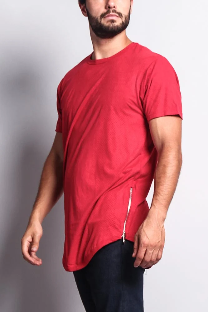 Perforated Faux Suede Long Length Curved Hem T-Shirt - Image 25