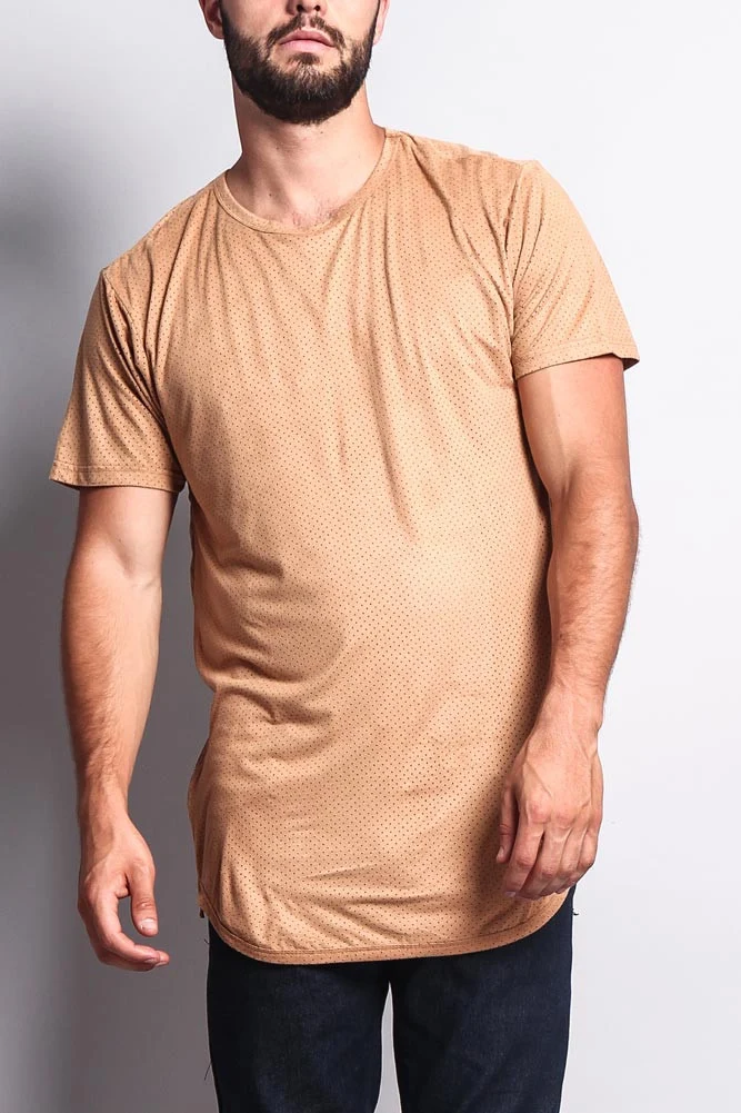 Perforated Faux Suede Long Length Curved Hem T-Shirt - Image 26