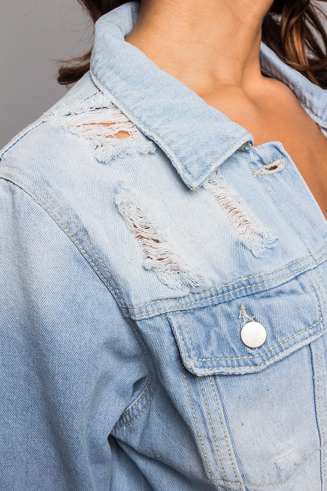 Super Long Distressed Denim Jean Jacket - Image 17