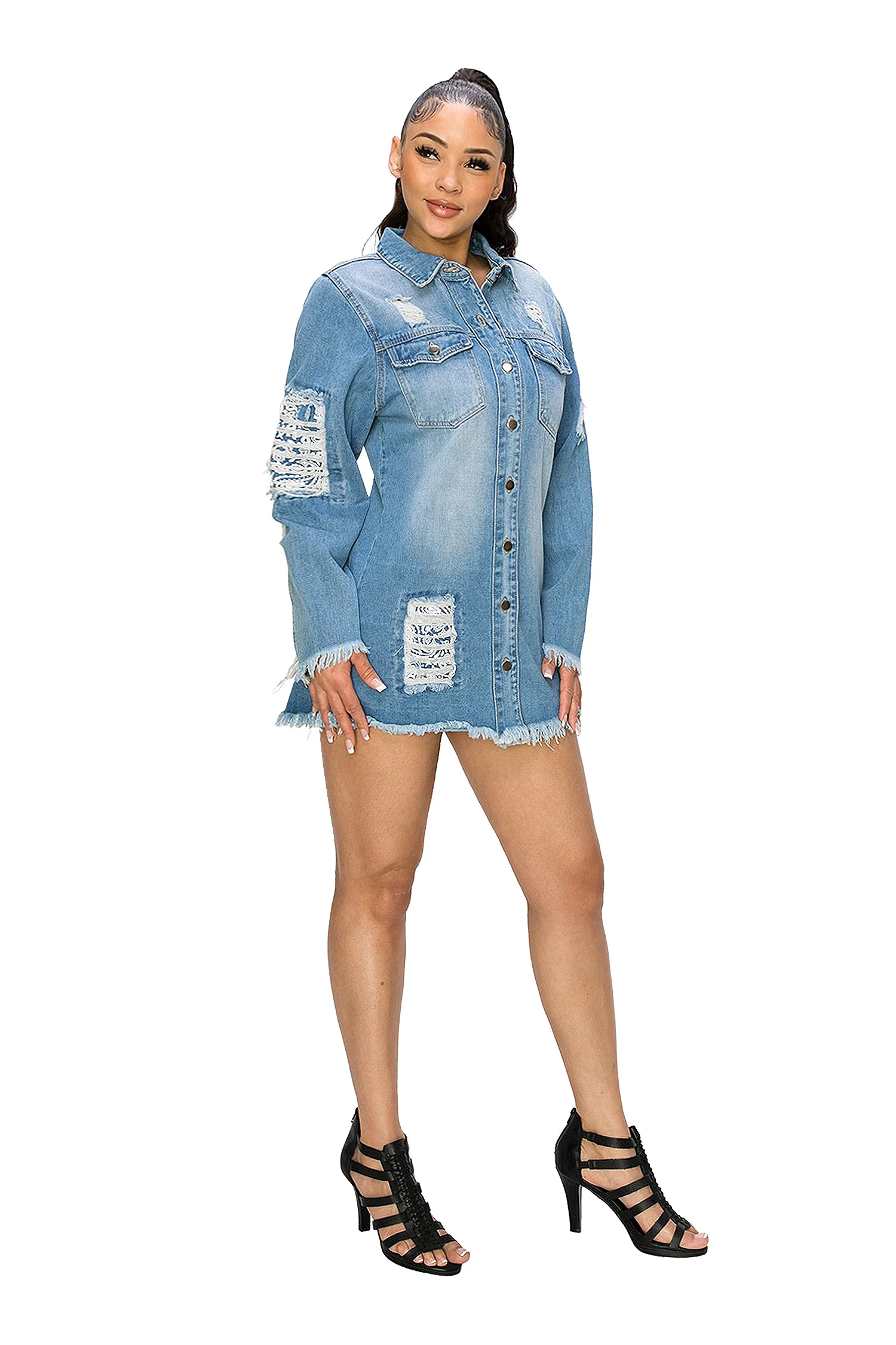 Women's Bandana Distressed Oversized Long Button Denim Shirt - Image 2