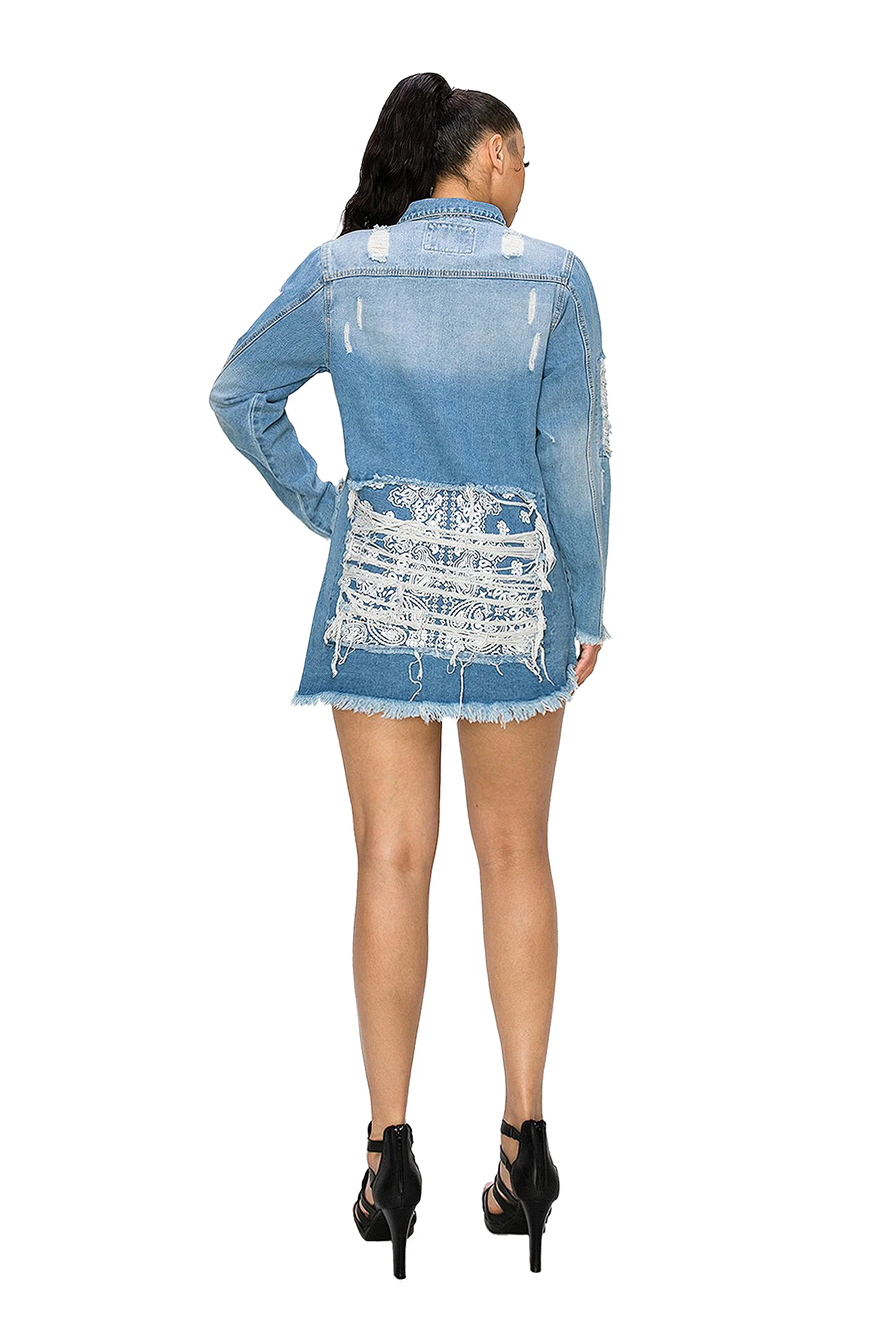 Women's Bandana Distressed Oversized Long Button Denim Shirt - Image 3