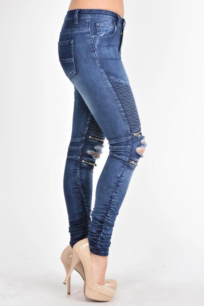 Women's Biker Style Ripped Zip Rider Jeans - Image 6
