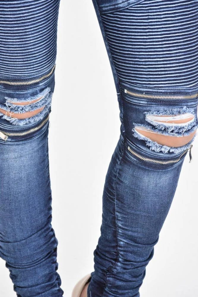 Women's Biker Style Ripped Zip Rider Jeans - Image 8