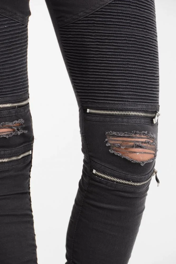 Women's Biker Style Ripped Zip Rider Jogger Pants - Image 18