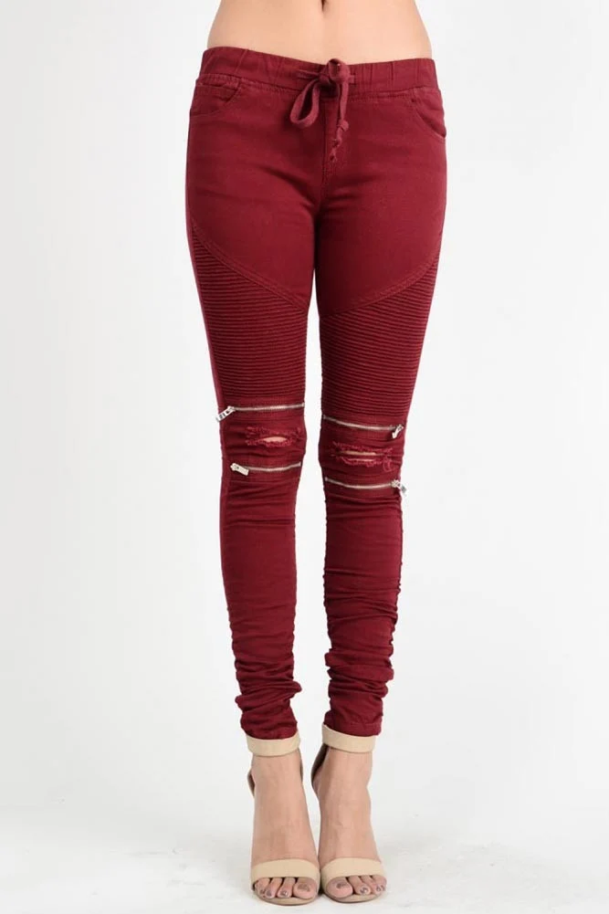 Women's Biker Style Ripped Zip Rider Jogger Pants - Image 6