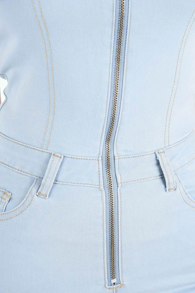 Women's Denim Strapless Zip Up Romper - Image 10