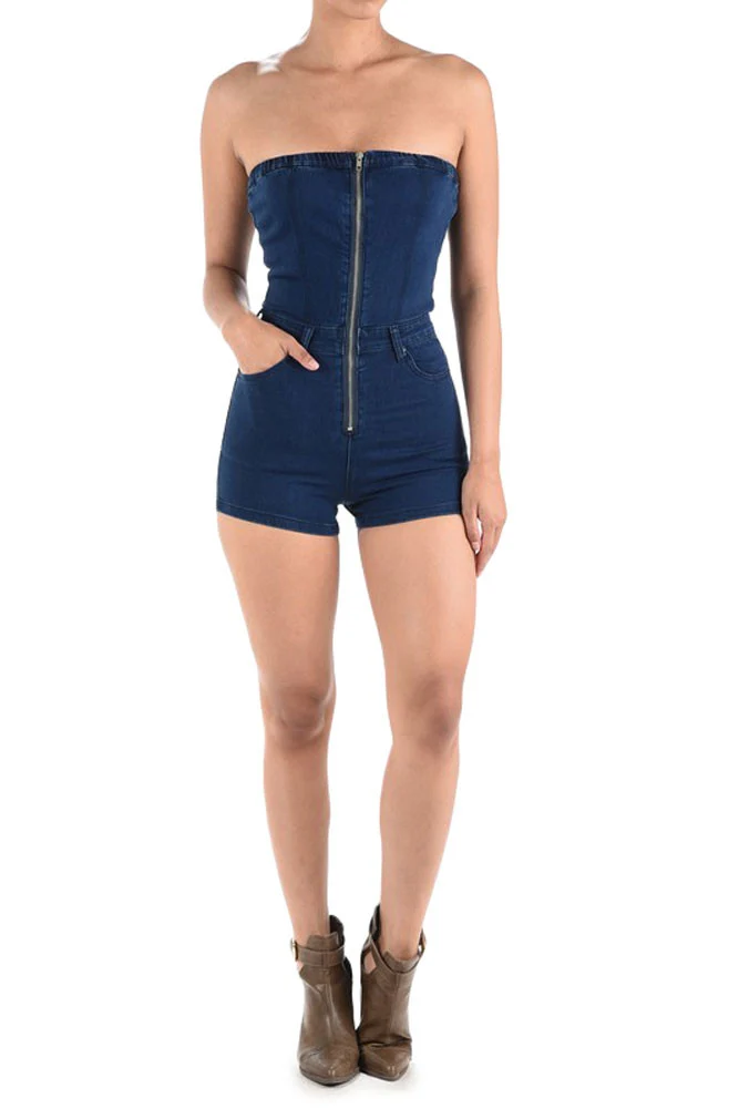 Women's Denim Strapless Zip Up Romper - Image 5