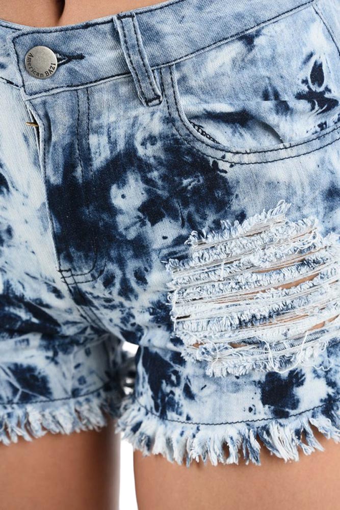 Women's Destroyed & Frayed Hem Tie Dye Denim Shorts - Image 8