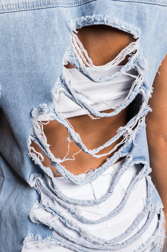 Women's Destroyed Long Denim Robe Vest - Image 6