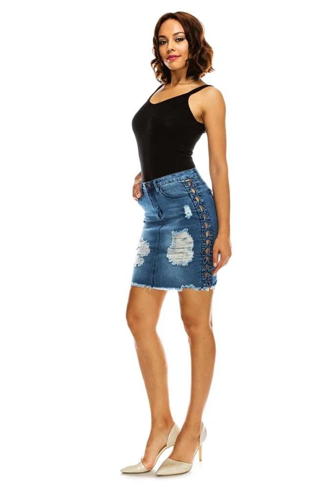 Women's Destroyed Side Lace-Up Denim Skirt - Image 5