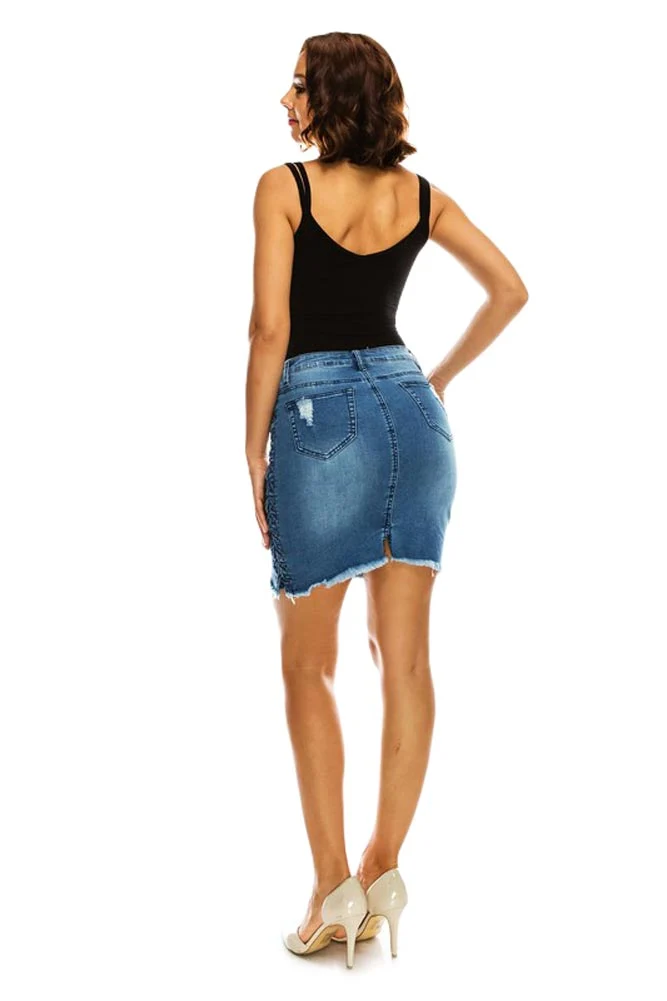 Women's Destroyed Side Lace-Up Denim Skirt - Image 6