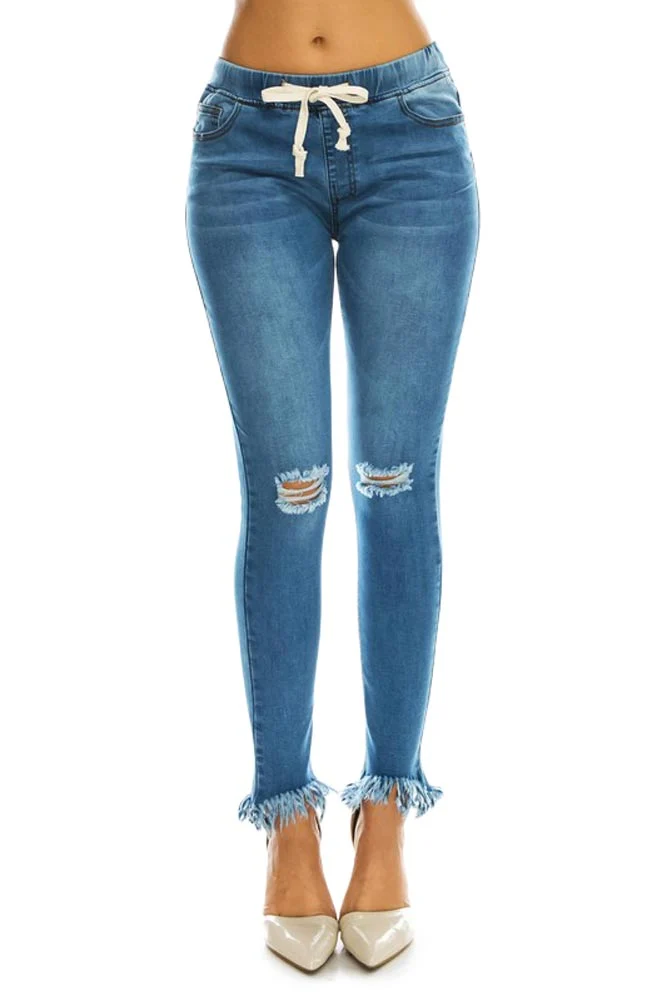 Women's Distressed Knee and Frayed Hem Denim Joggers - Image 2