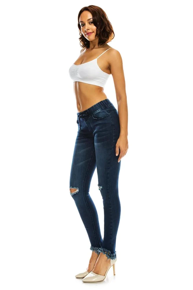 Women's Distressed Knee and Frayed Hem Denim Joggers - Image 5