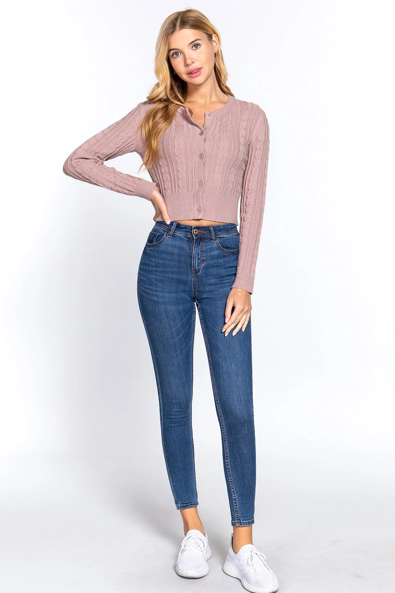 Women's Essential Long Sleeve Cable Sweater Cardigan - Image 3