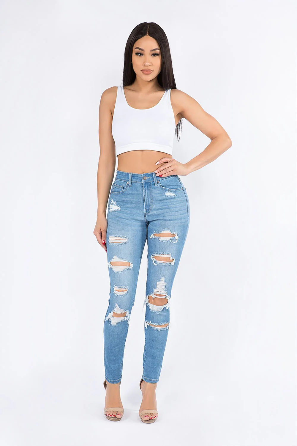 Women's Essential Unreleased Hem High Waist Distressed Skinny Jeans - Image 4