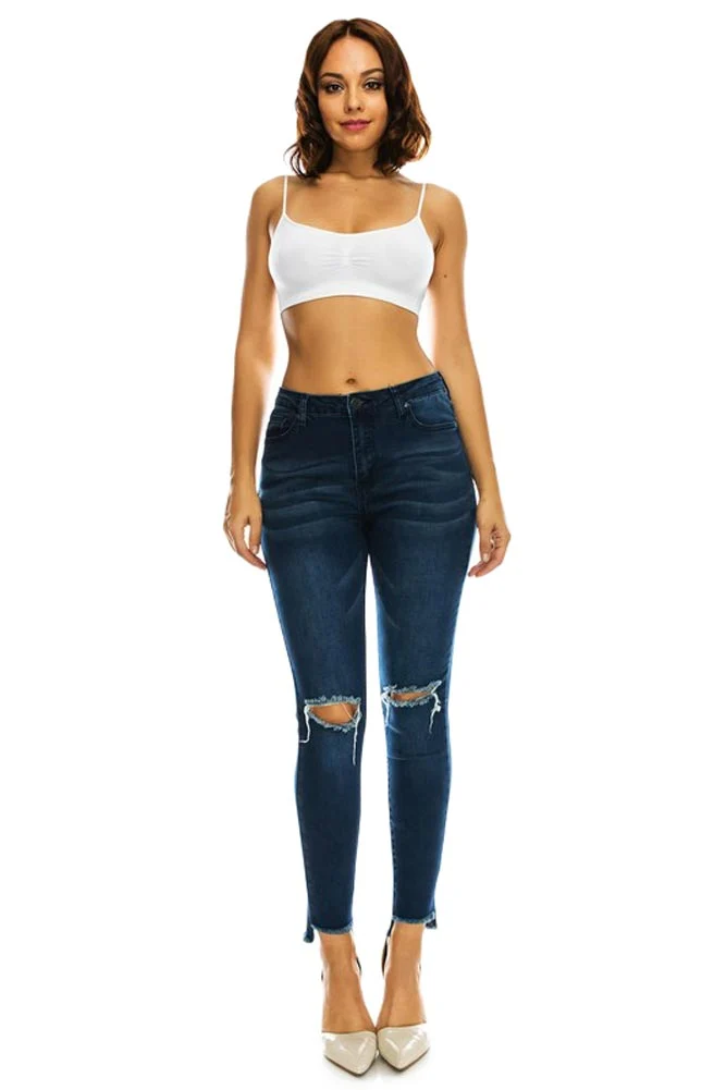 Women's High Rise Destroyed Knee and Hi-Low Frayed Hem Jeans - Image 2