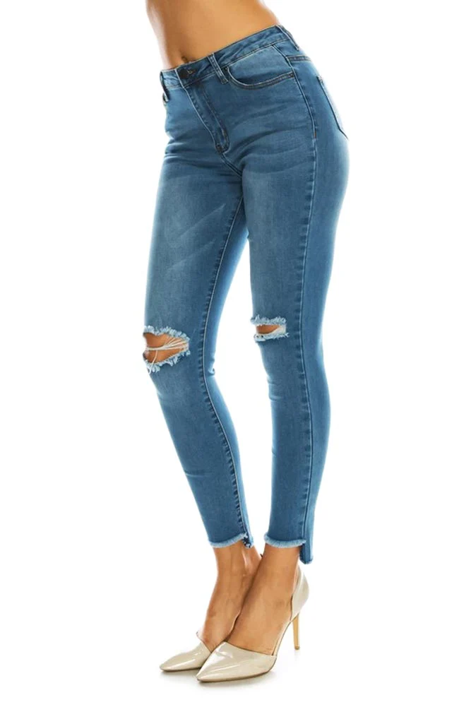 Women's High Rise Destroyed Knee and Hi-Low Frayed Hem Jeans - Image 3