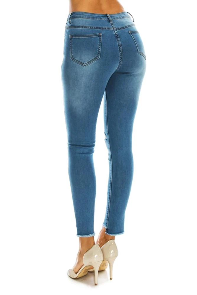 Women's High Rise Destroyed Knee and Hi-Low Frayed Hem Jeans - Image 4