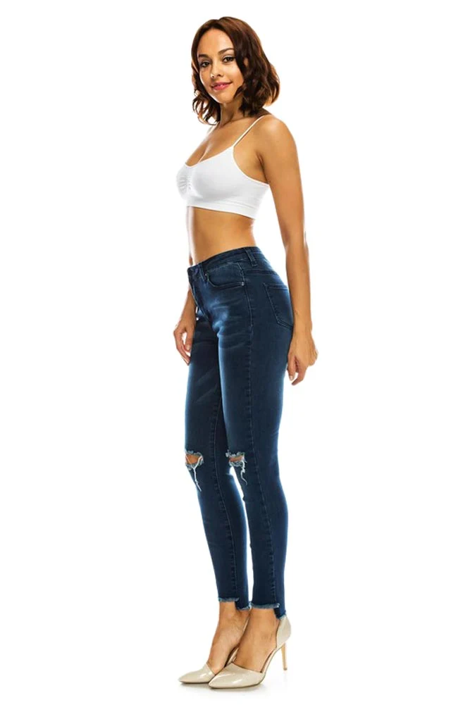 Women's High Rise Destroyed Knee and Hi-Low Frayed Hem Jeans - Image 5