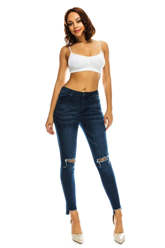 Women's High Rise Destroyed Knee and Hi-Low Frayed Hem Jeans - Image 7