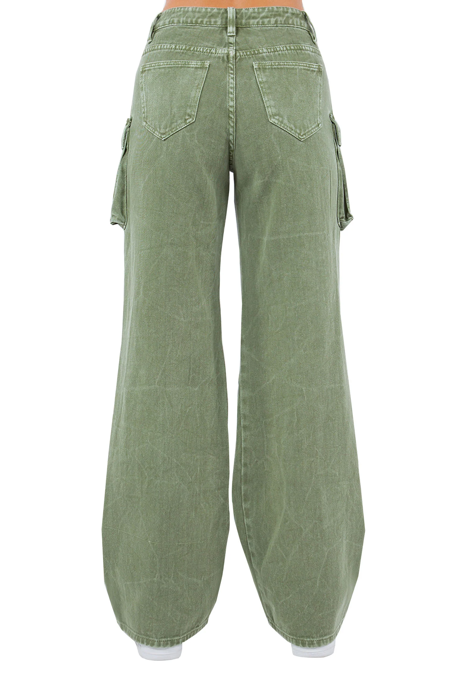 Women's High Rise Stone Washed Cargo Pocket Loose Fit Denim Jeans - Image 3