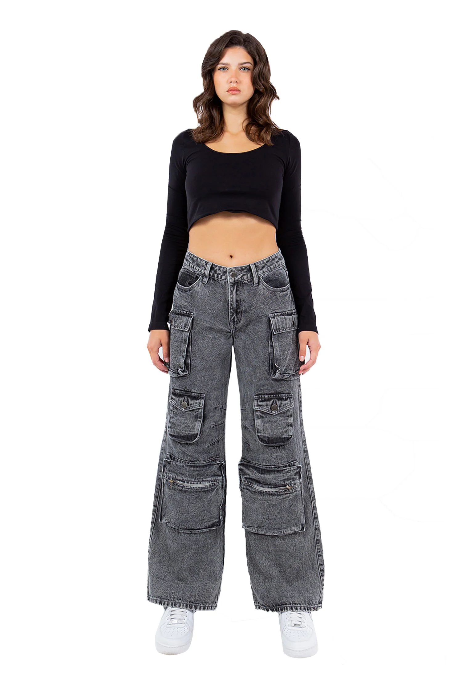 Women's High Rise Stone Washed Cargo Pocket Loose Fit Denim Jeans - Image 6