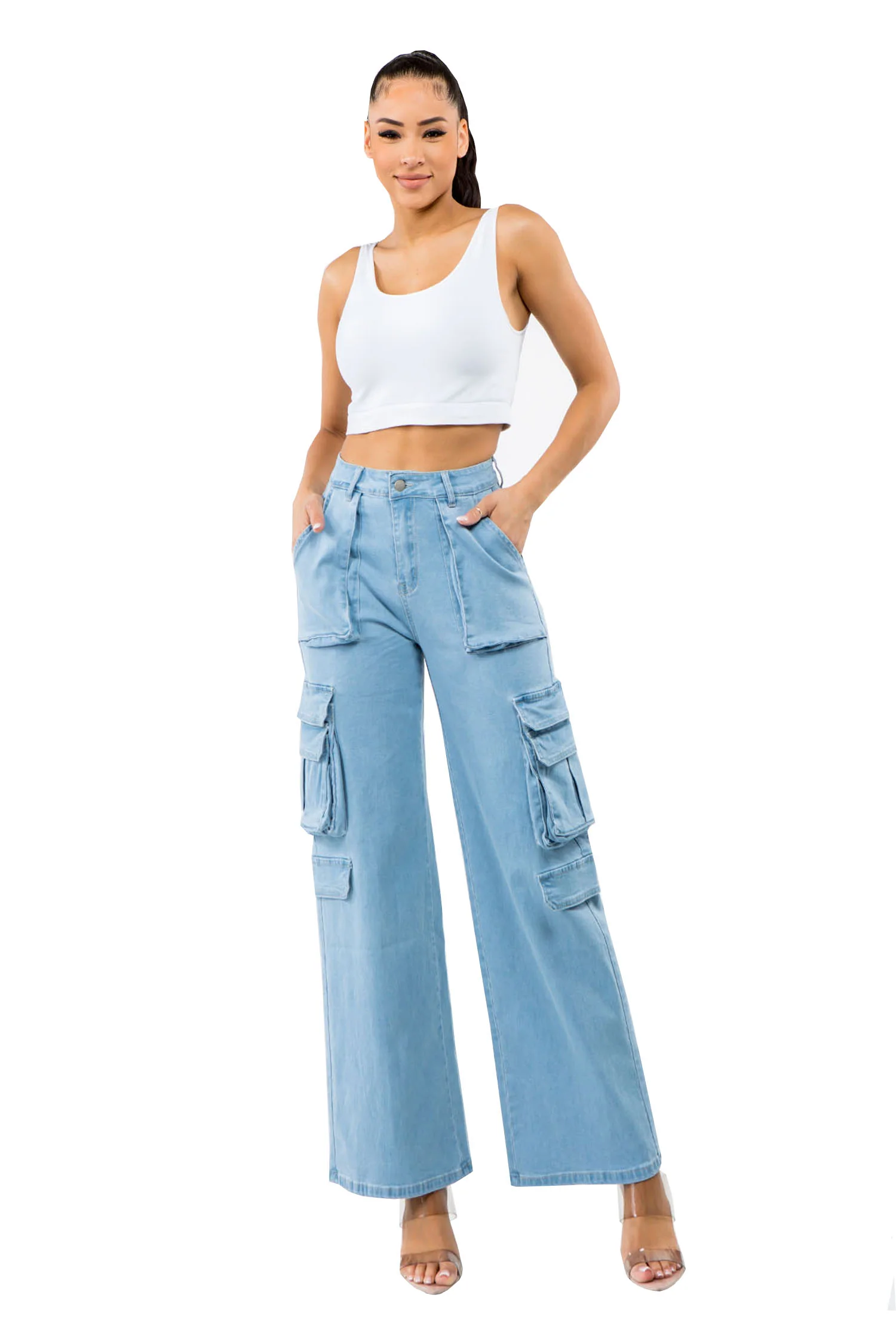 Women's Essential High Rise Wide Fit Cargo Denim Jeans - Image 8