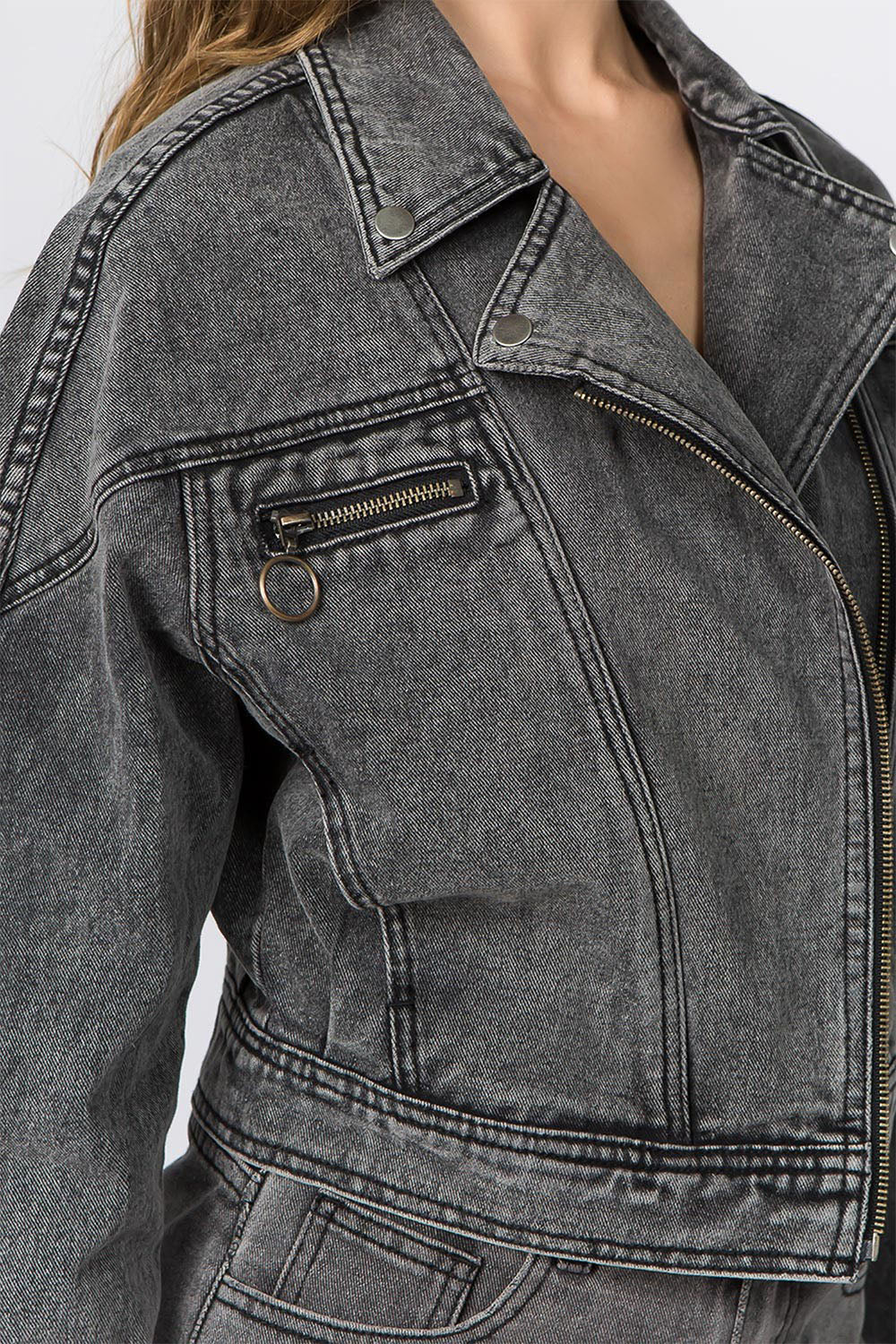 Women's Oversized Moto Biker Denim Jacket - Image 5